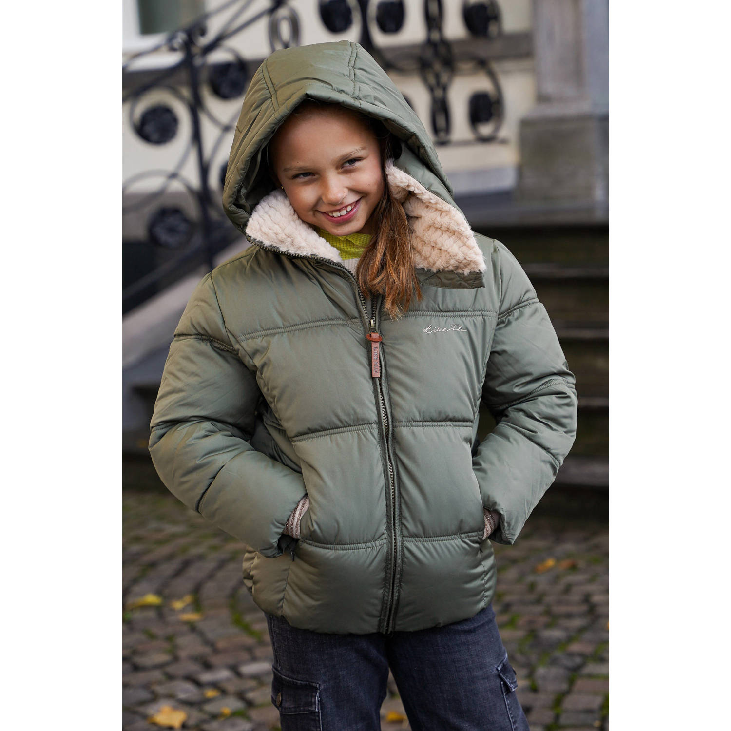 Like Flo quilted gewatteerde winterjas Amaya armygroen beige