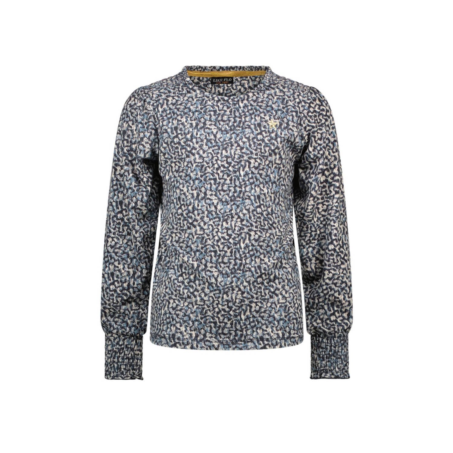 Like Flo top Evy met all over print donkerblauw beige