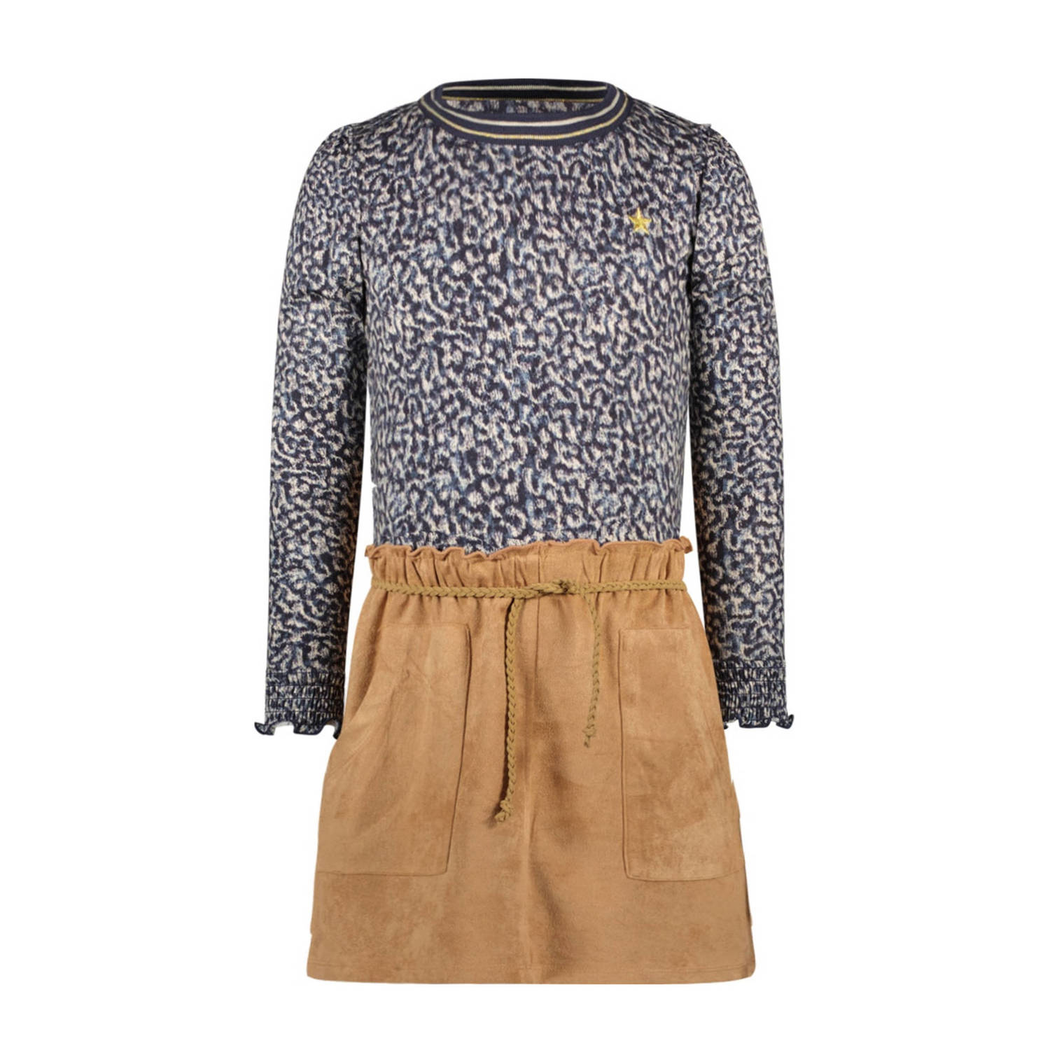 Like Flo jurk Maartje met all over print blauw lichtbruin