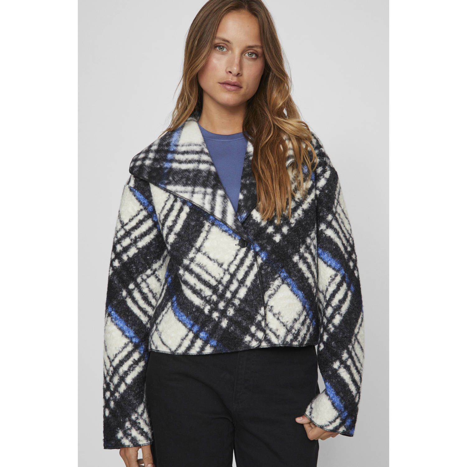 VILA geruite jasje VIANEYA zwart crème blauw