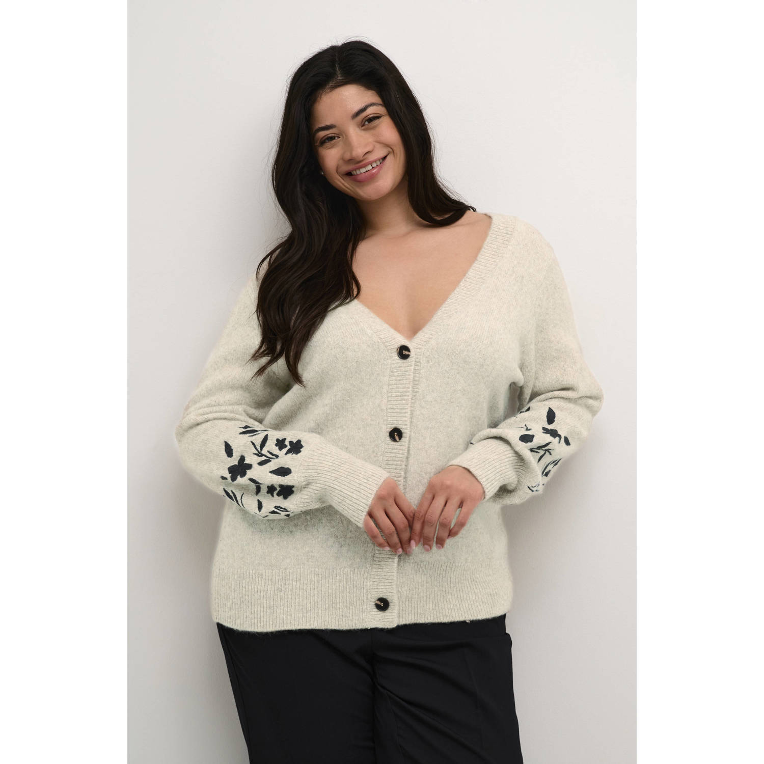 Kaffe Curve Elegante Gebreide Vest met Pofmouwen Beige Dames