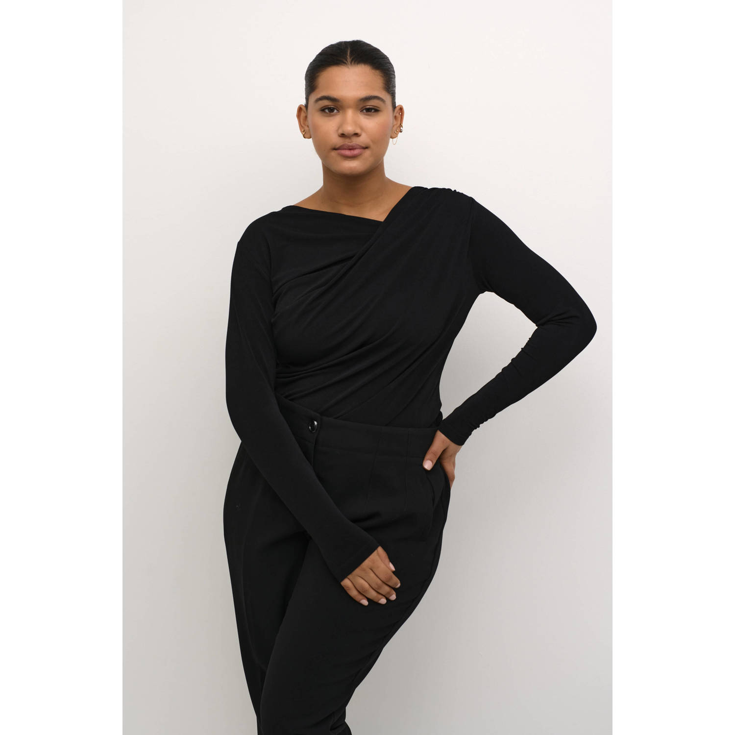 Kaffe Curve Elegante Gedrapeerde Jersey Blouse Zwart Black Dames