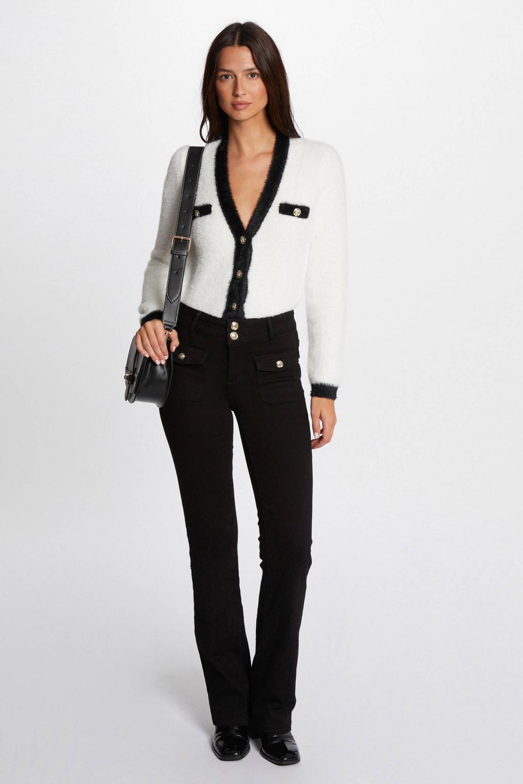 Wit en zwarte dames Morgan vest van polyamide met effen, lange mouwen, V-hals, knoopsluiting en sierknopen