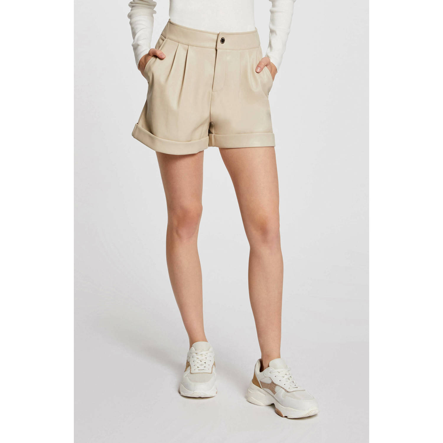 Morgan imitatieleren high waist wide leg short beige