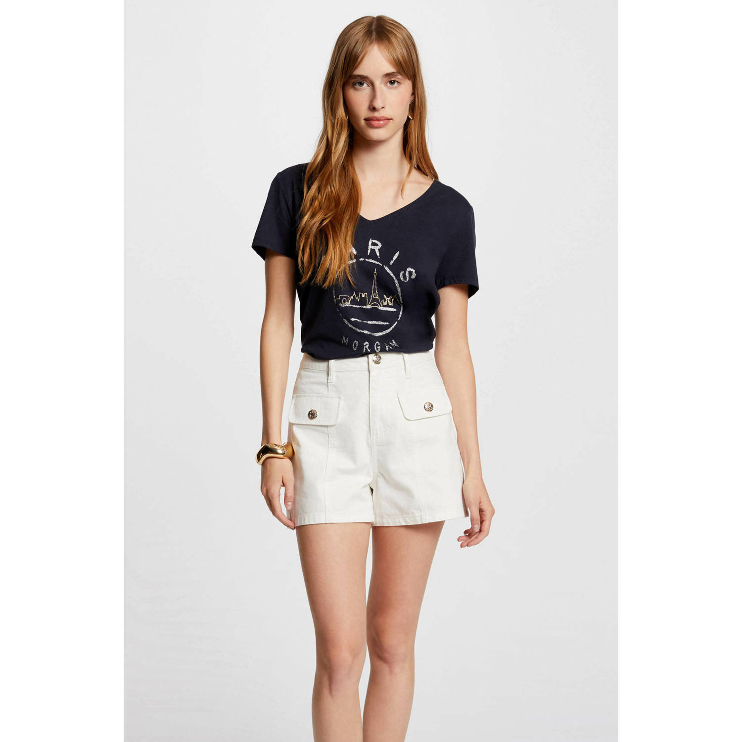 Morgan T-shirt met printopdruk en glitters marine