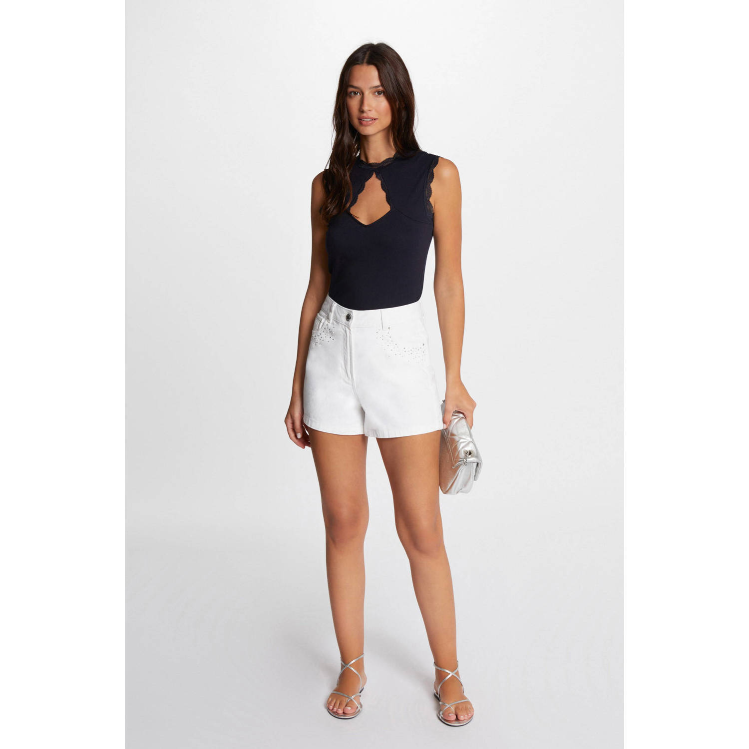 Morgan ribgebreide top met kant marine