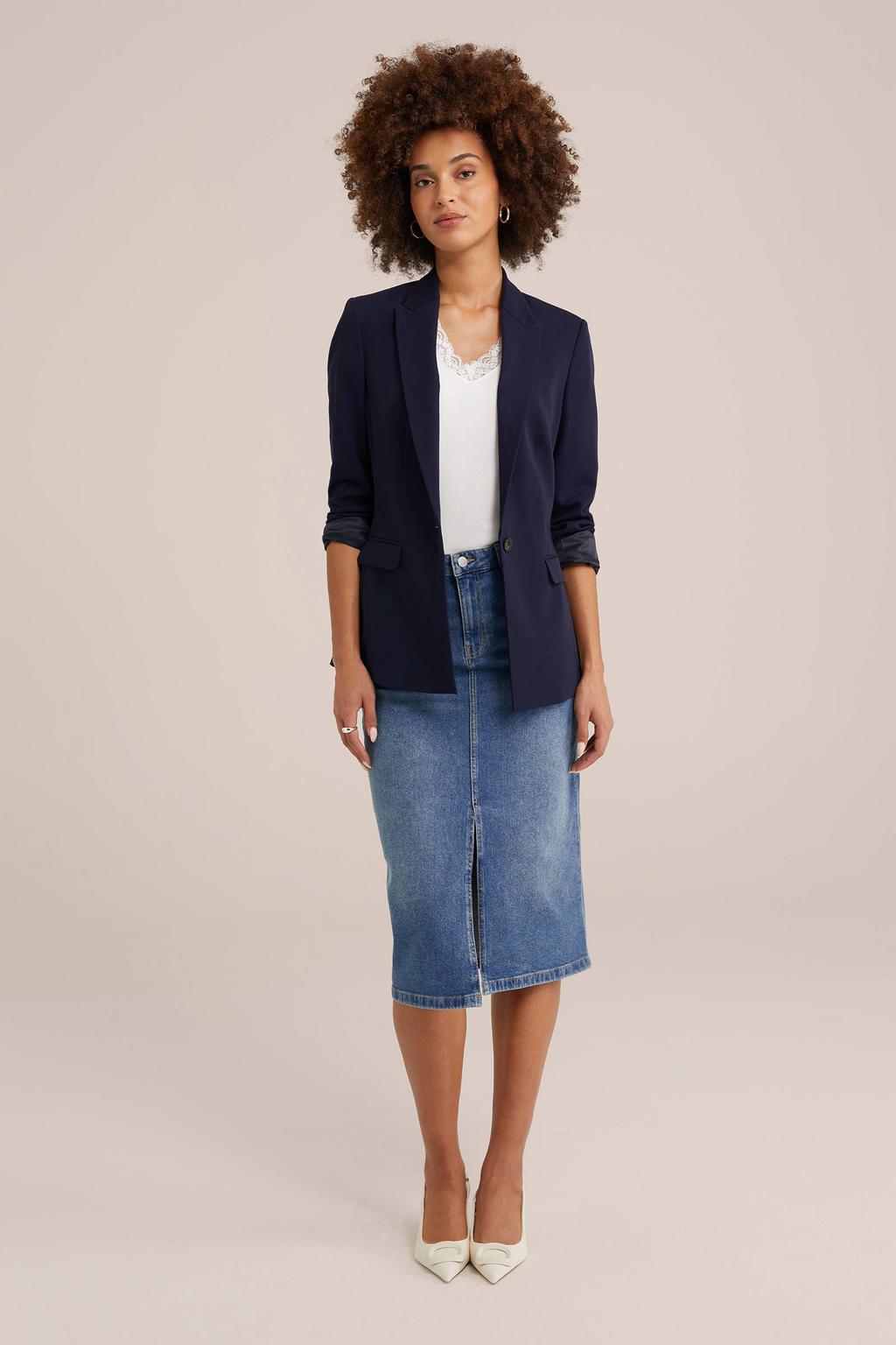 Witte dames WE Fashion T-shirt van katoen met effen, korte mouwen, V-hals en kant