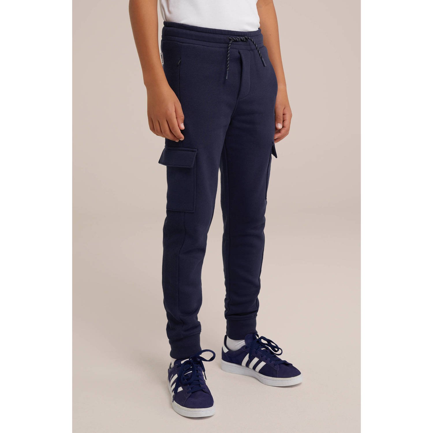 WE Fashion slim fit cargobroek donkerblauw Jongens Sweat Effen 140