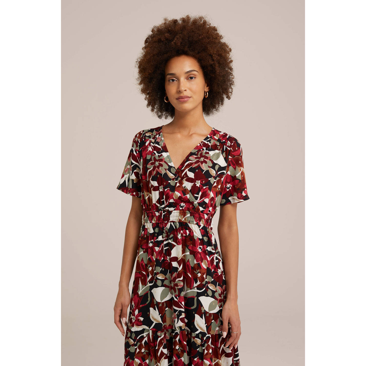 WE Fashion jurk met all over print donkerrood zwart ecru