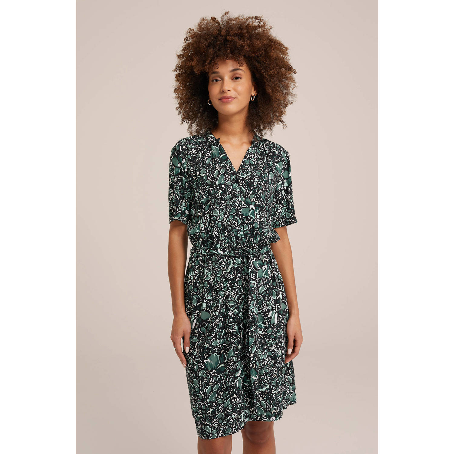 WE Fashion blousejurk met all over print en ceintuur donkergroen zwart ecru