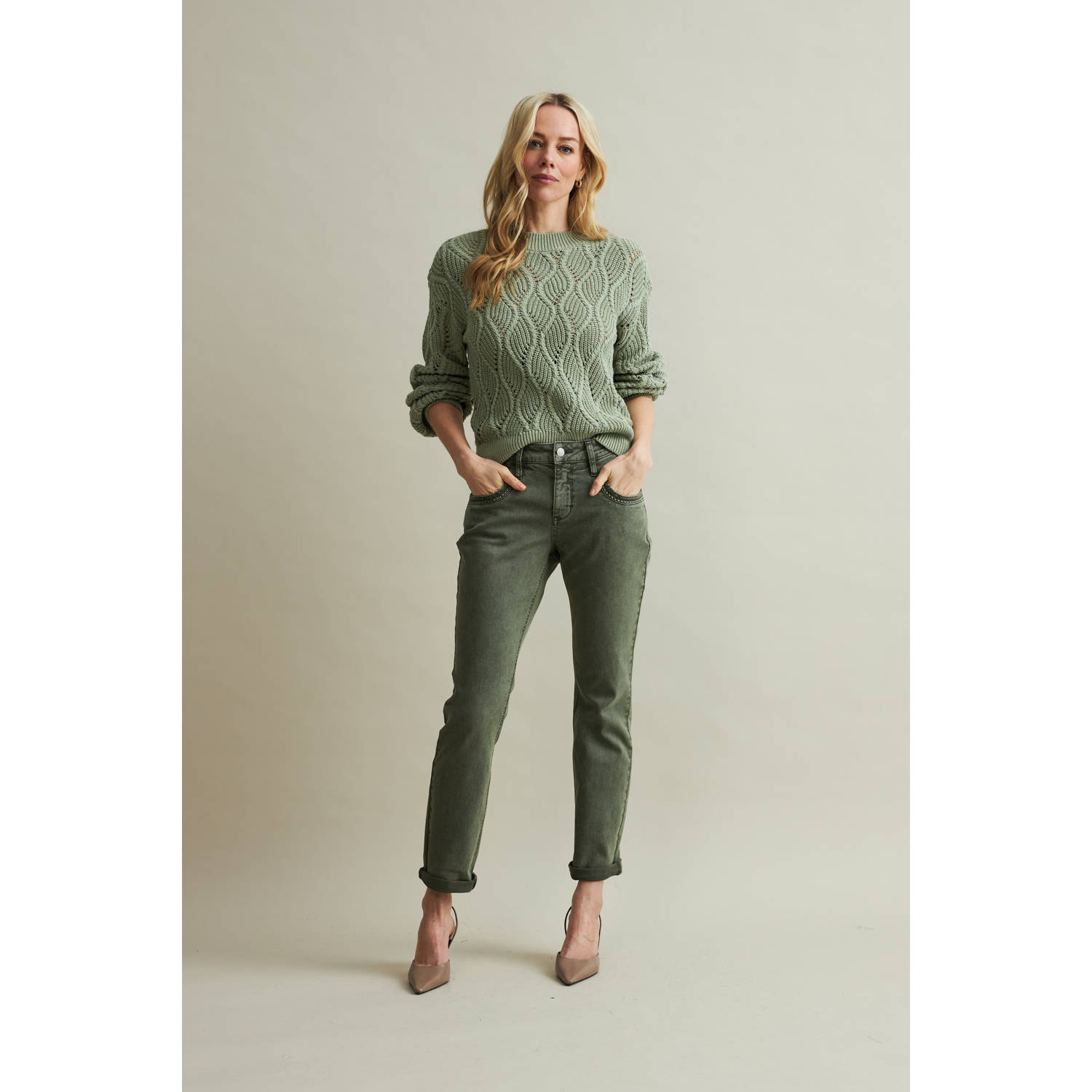 Red Button high waist regular jeans Sissy colour embroidery grijsgroen
