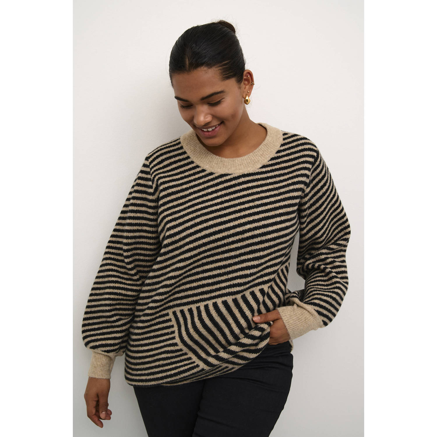 Kaffe Curve gestreepte trui KCverina zwart beige