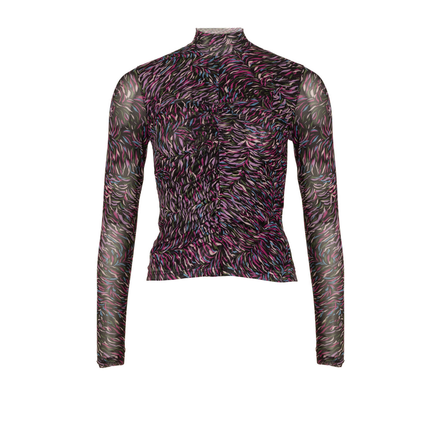 Freebird top Ella met all over print en mesh zwart roze