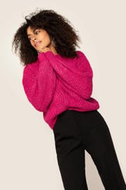 thumbnail: Roze dames Freebird gebreide trui van acryl met effen, lange mouwen, ronde hals en lurex
