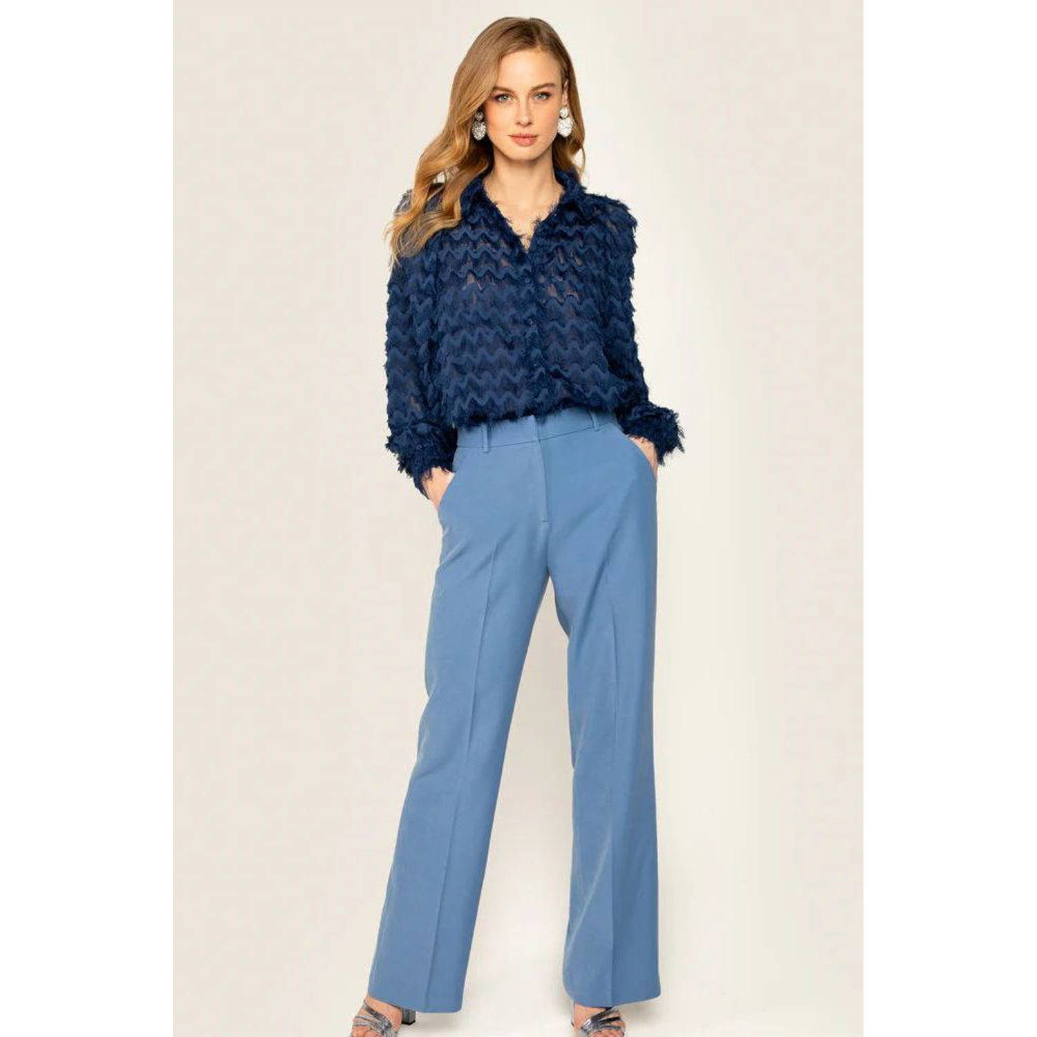 Freebird gebloemde blouse Kendall donkerblauw wit