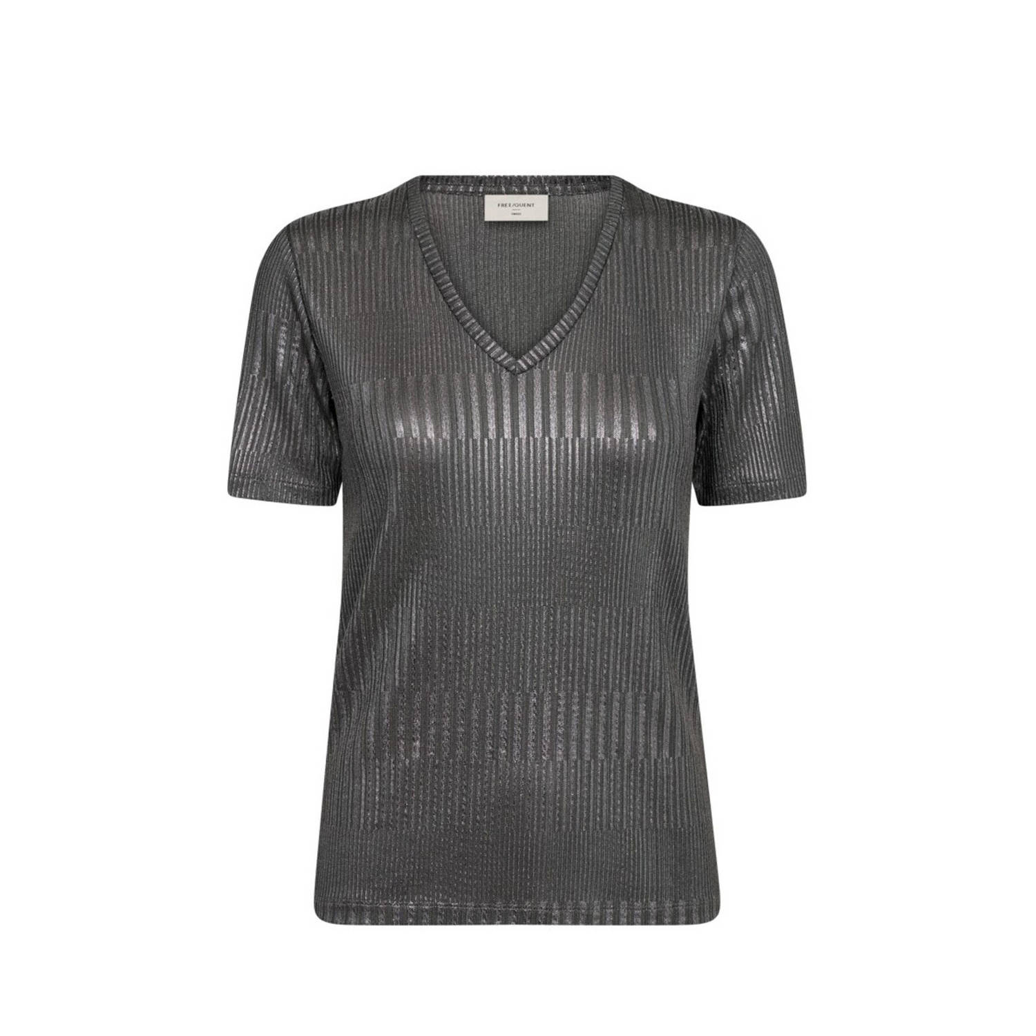 Freequent Sprankelend V-hals Ribshirt Gray Dames