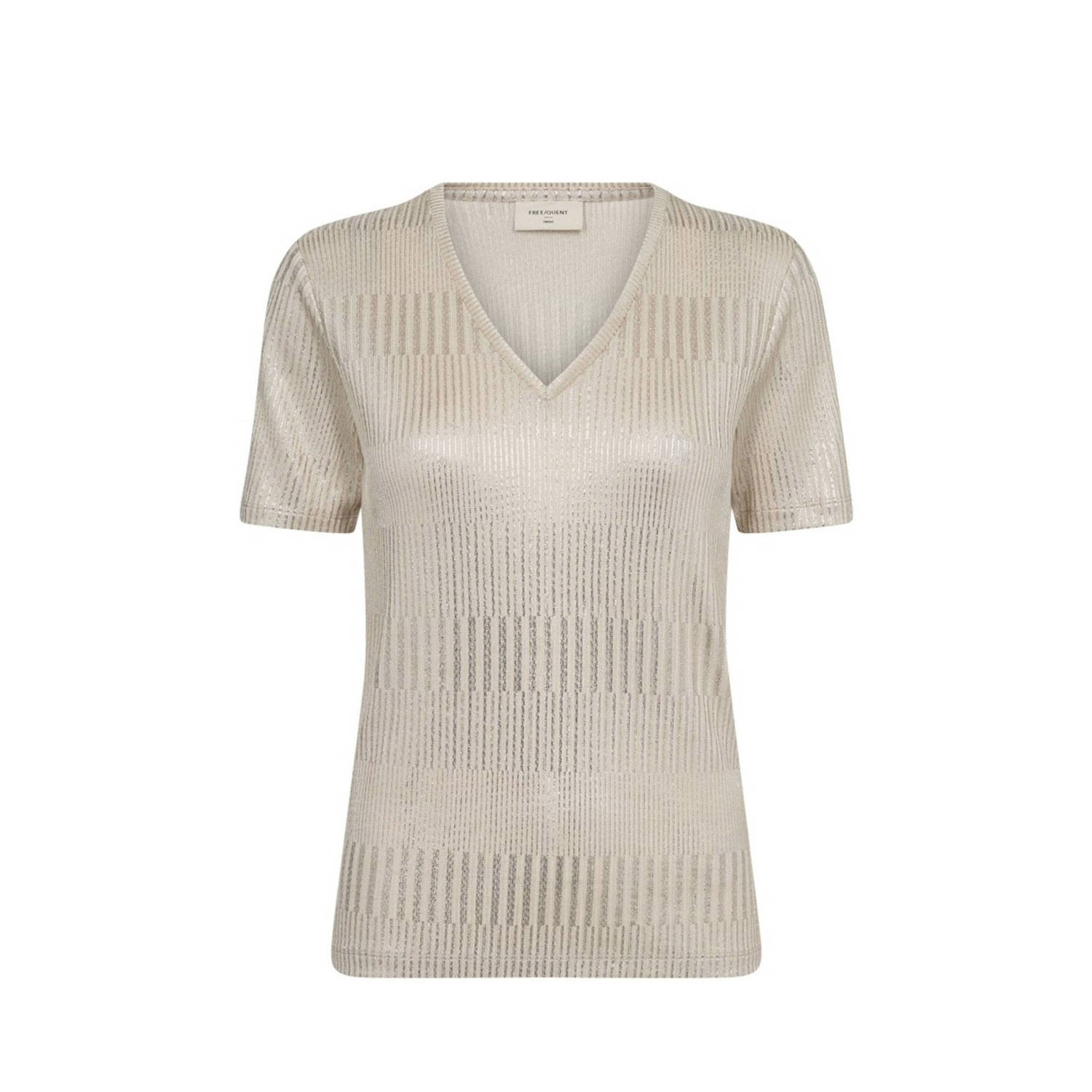 Freequent Sprankelende V-hals Ribshirt Beige Dames