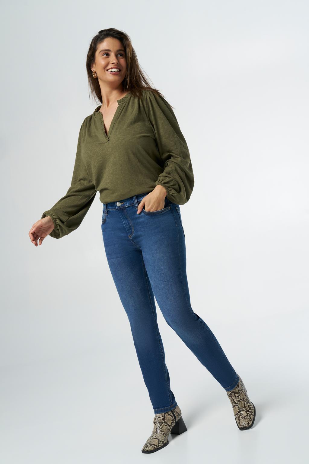 Dark blue denim dames MS Mode slim fit jeans dark blue van denim met effen