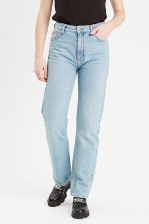 high waist straight leg jeans light blue denim
