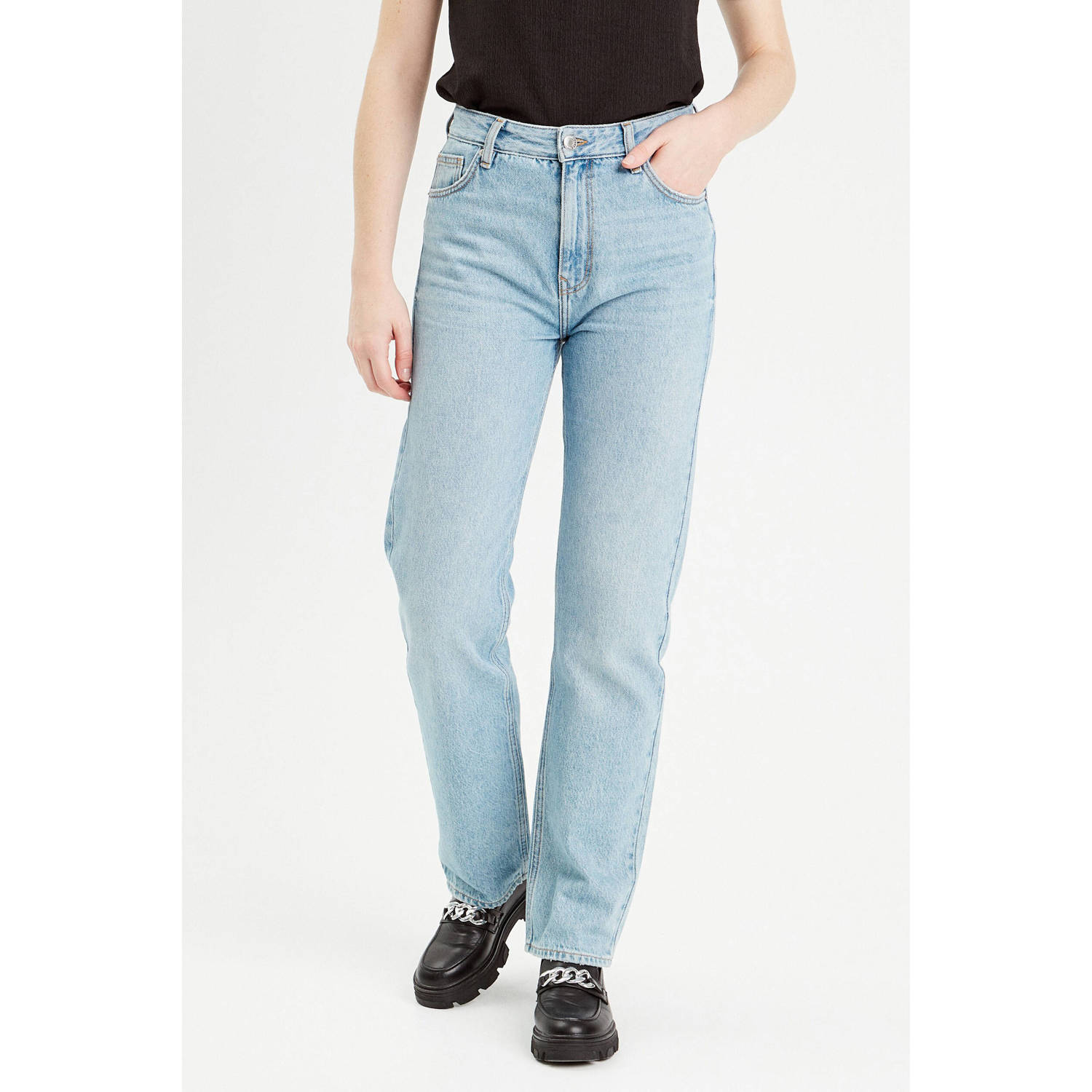 Cache high waist straight leg jeans light blue denim
