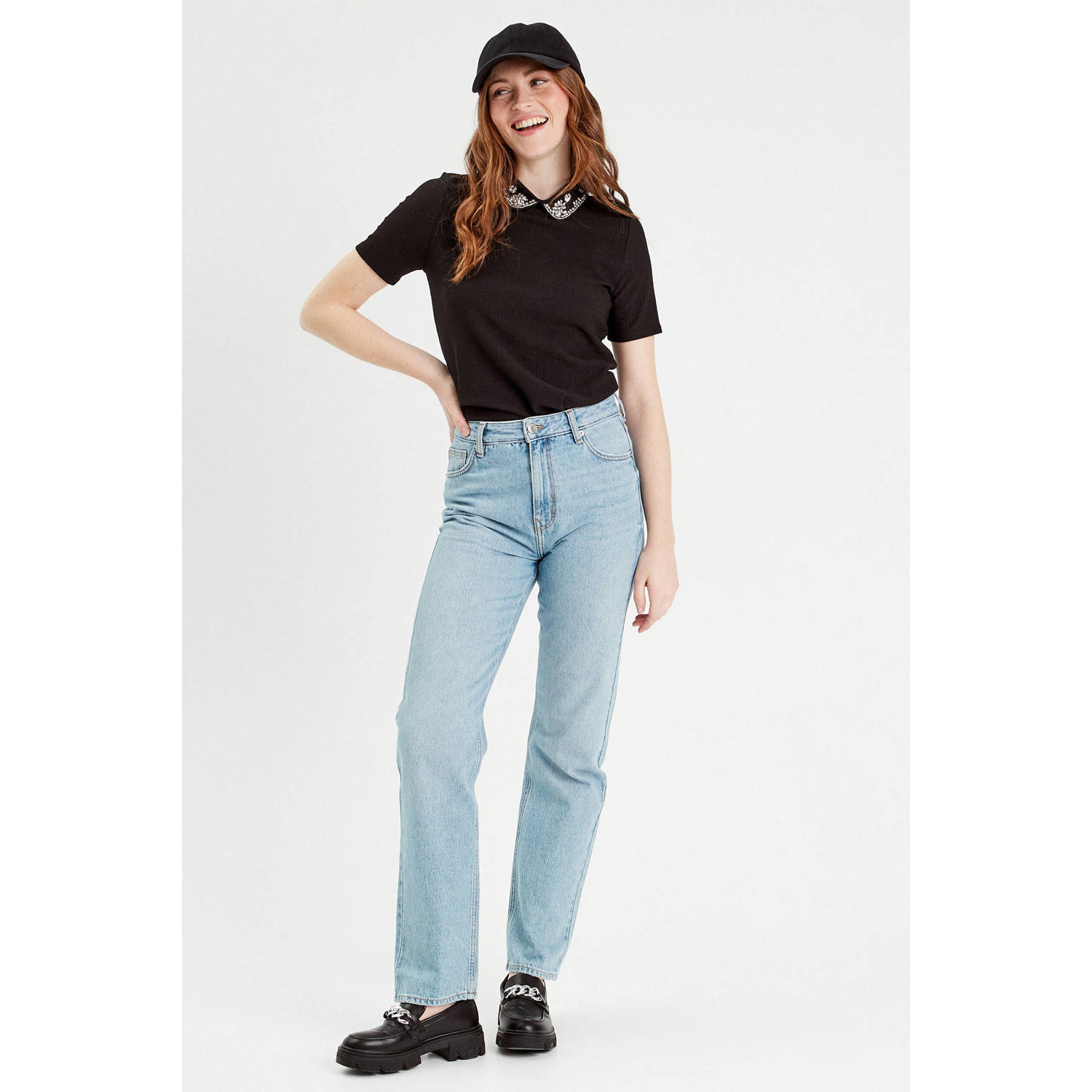 Cache high waist straight leg jeans light blue denim