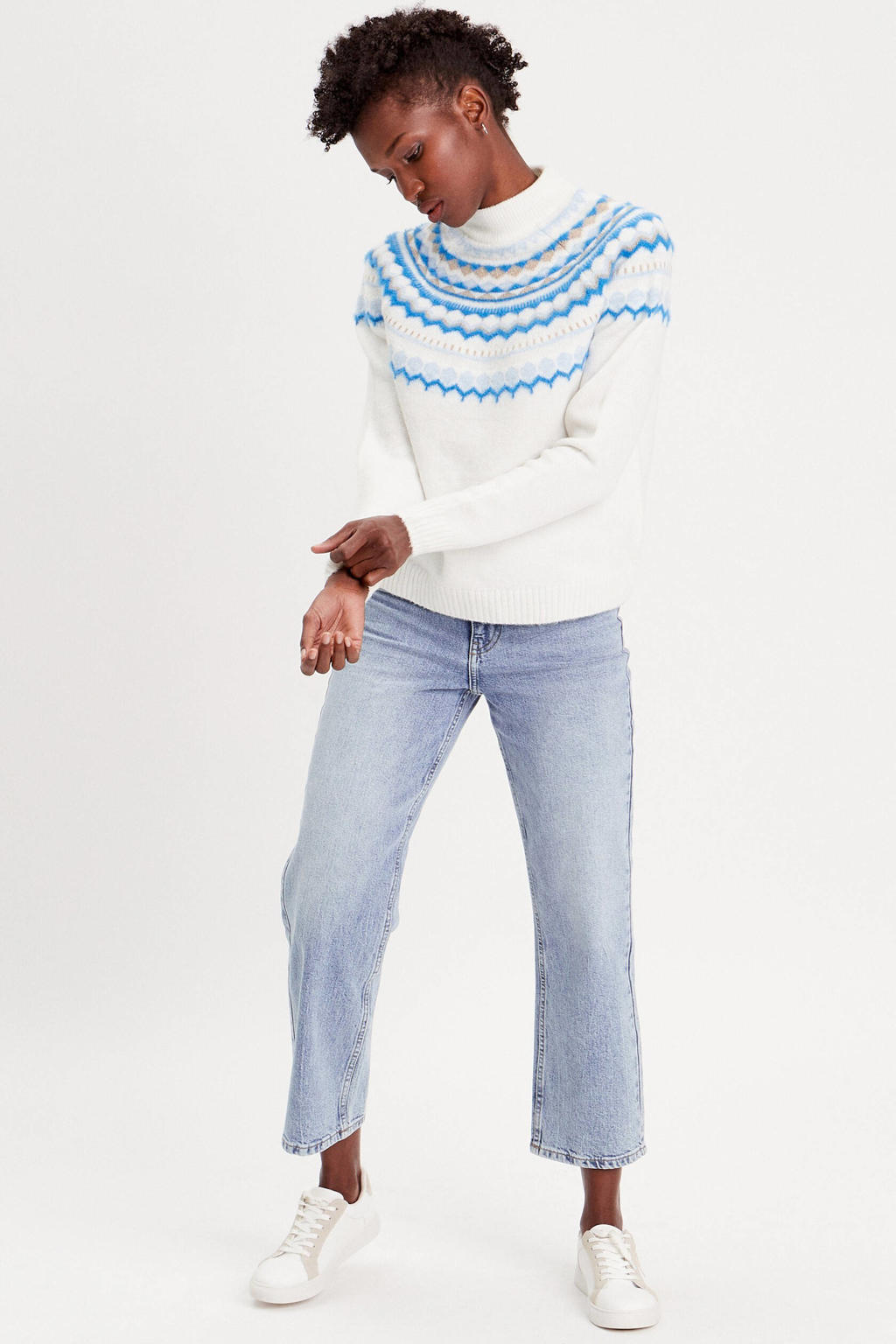 Light blue denim dames Cache Cache cropped high waist straight leg jeans van denim met rits- en knoopsluiting en effen