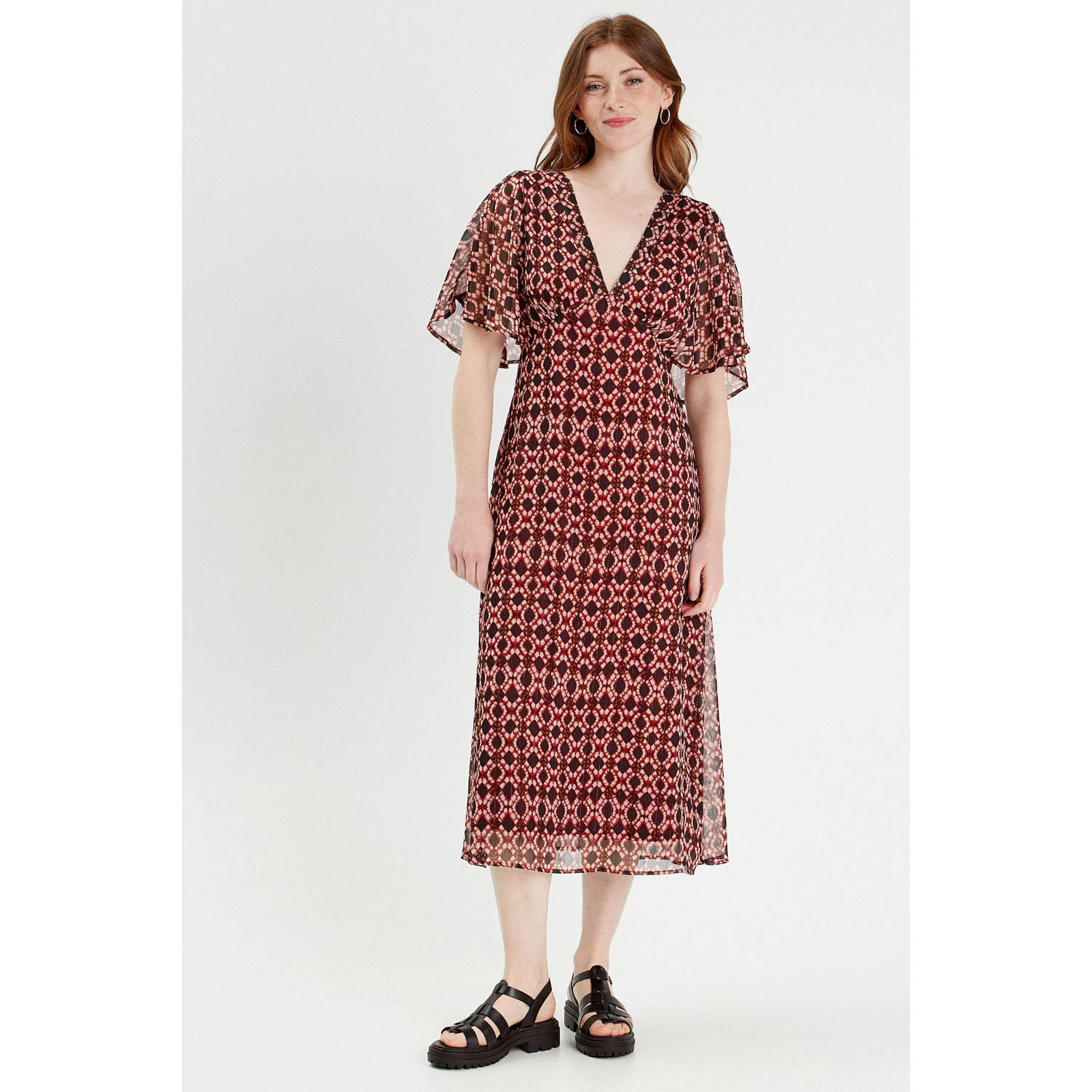 Cache semi-transparante jurk met all over print en vleermuismouwen met open rug donkerrood zwart