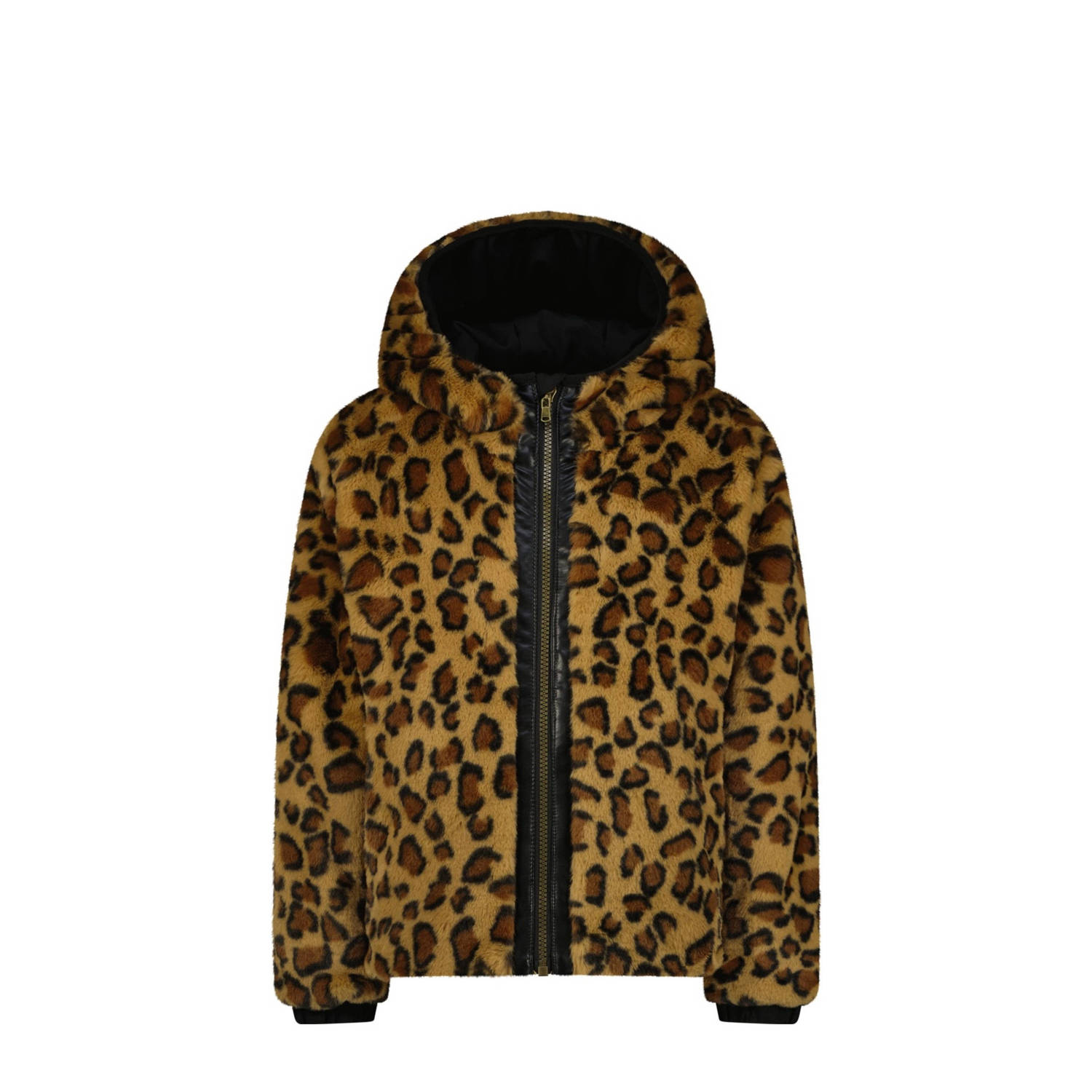 Vingino reversible gewatteerde imitatiebont winterjas Tabra met panterprint zwart bruin