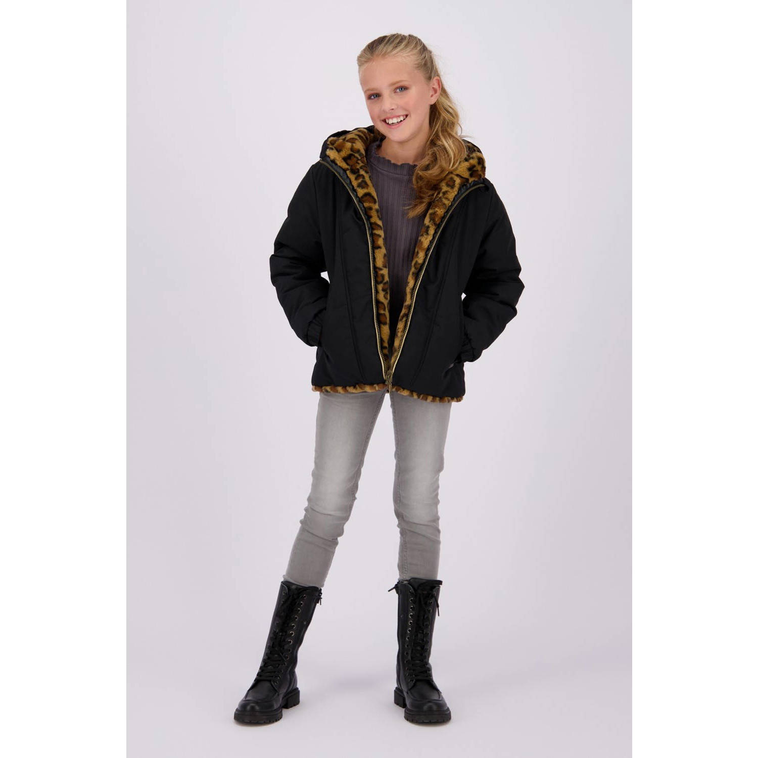 Vingino reversible gewatteerde imitatiebont winterjas Tabra met panterprint zwart bruin