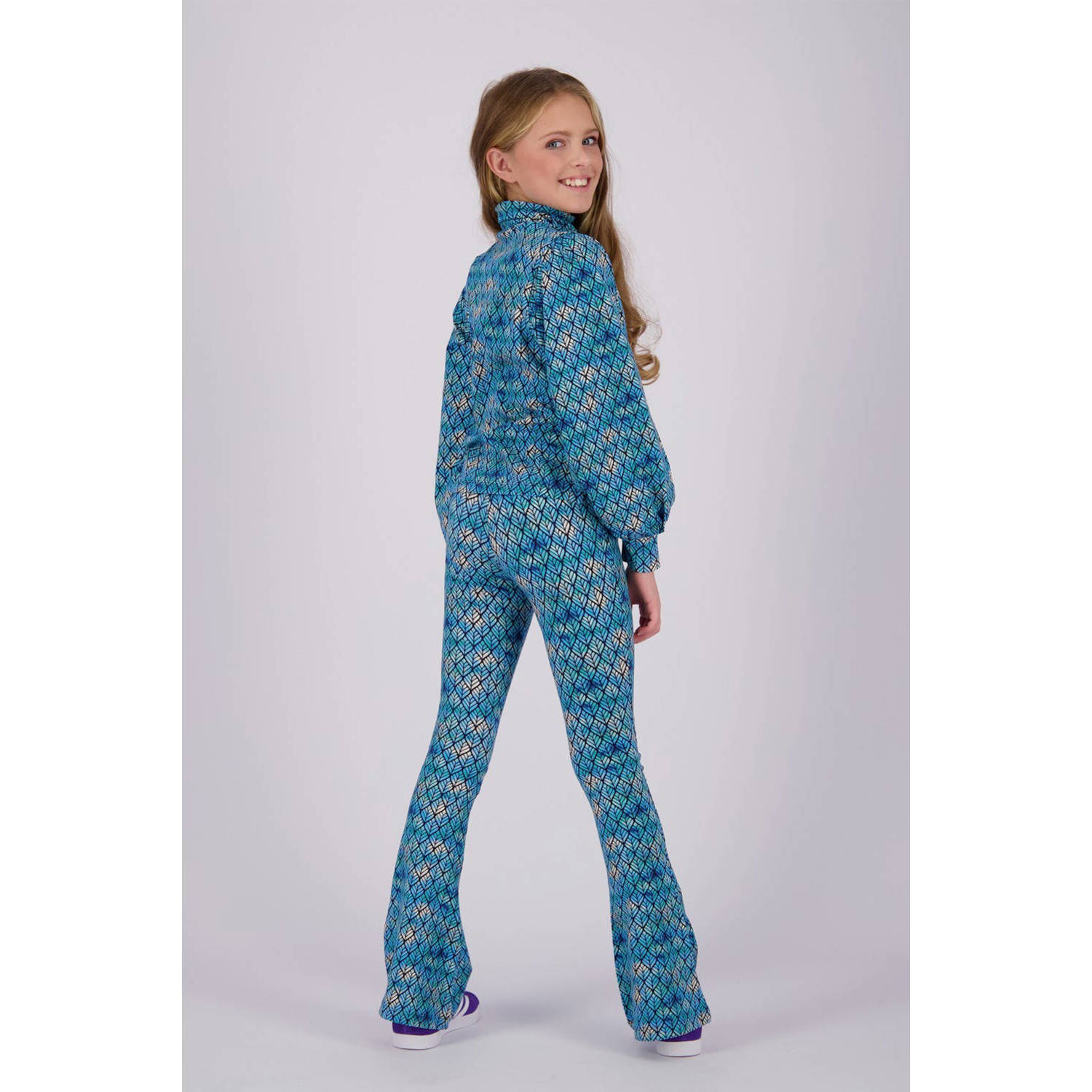 Vingino high waist flared broek Stexie met all over print blauw grijs