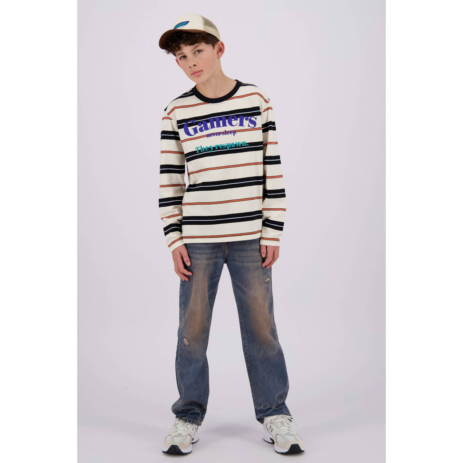 Vingino gestreepte longsleeve Jaci ecru zwart bruin