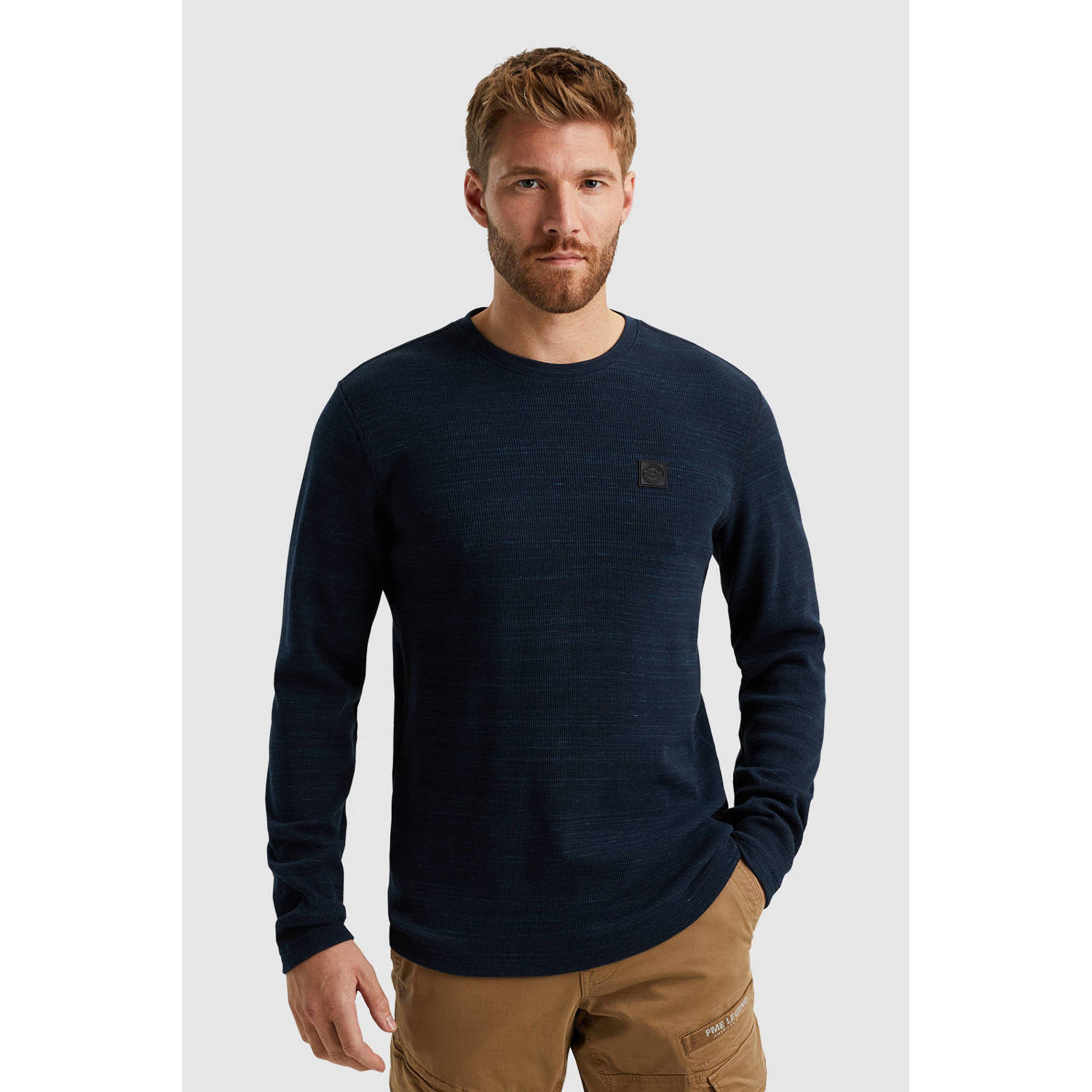 PME Legend Lange Mouw R-Hals Wafel Melange Shirt Blue Heren