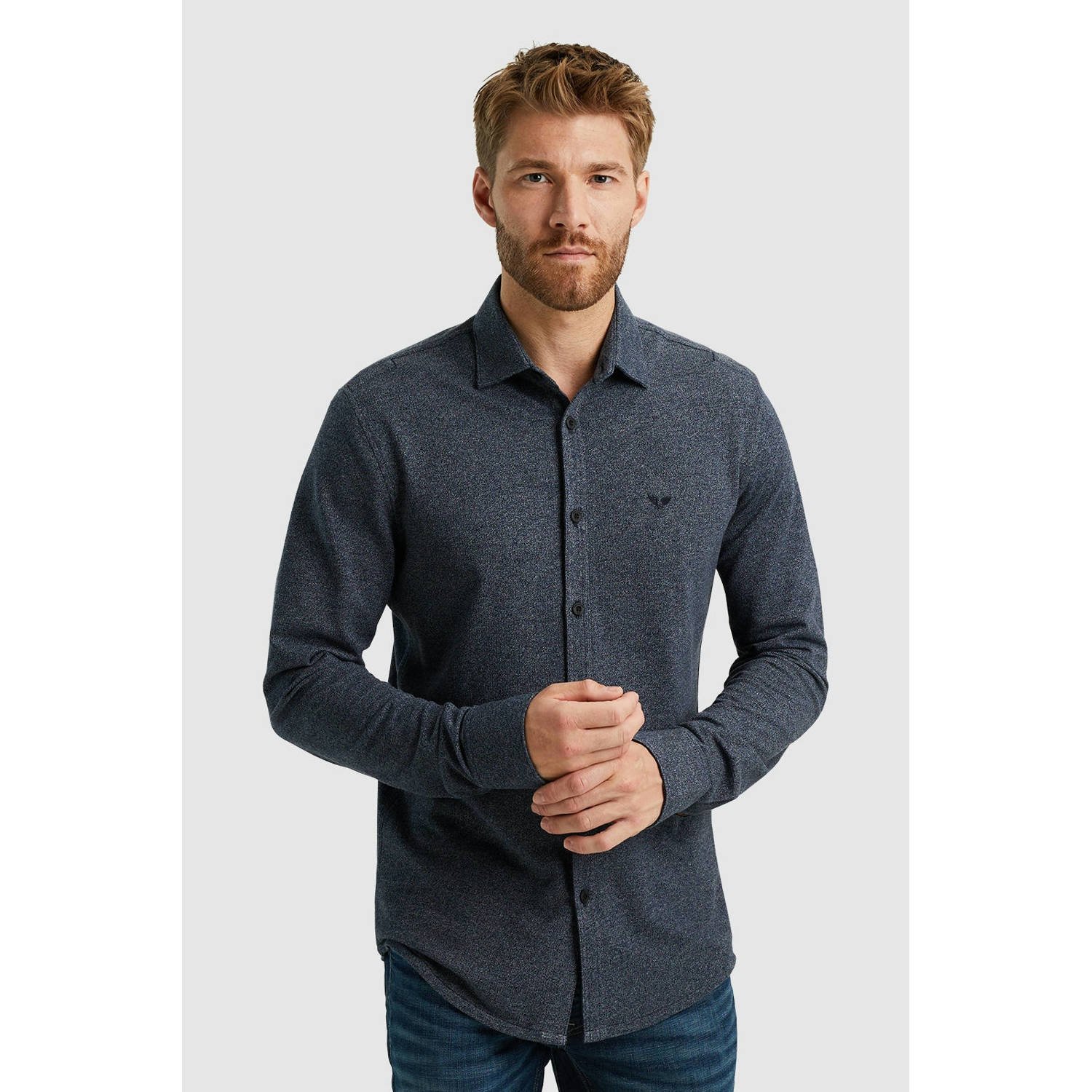 PME Legend gemêleerd regular fit overhemd donkerblauw