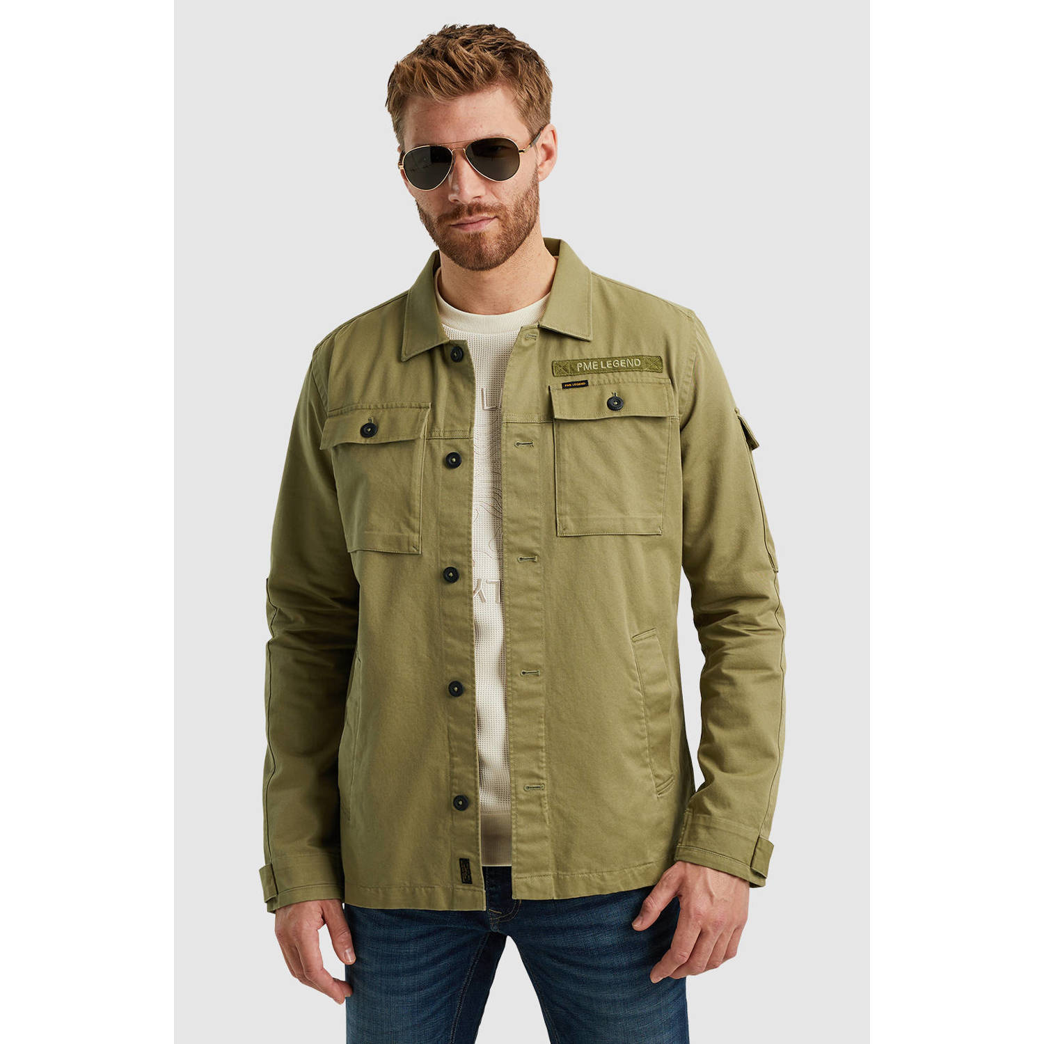 PME Legend regular fit denim overshirt met logo groen