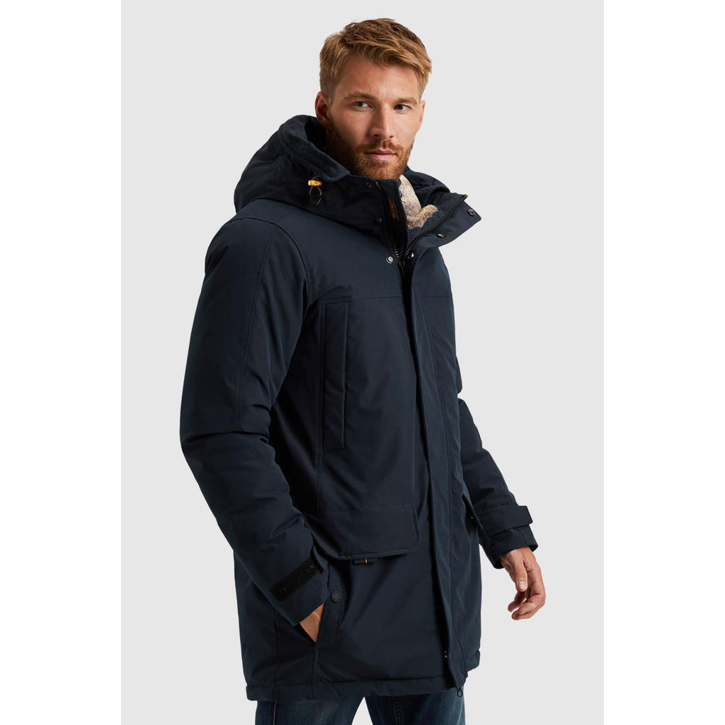 Blauwe heren PME Legend winterjas van polyester met effen, lange mouwen, capuchon en rits- en drukknoopsluiting