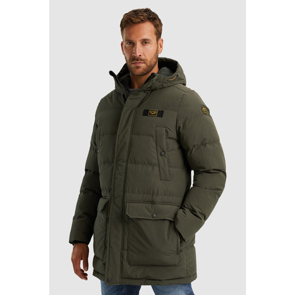 Groene heren PME Legend gewatteerde jas van nylon met effen, lange mouwen, capuchon en rits met windvanger