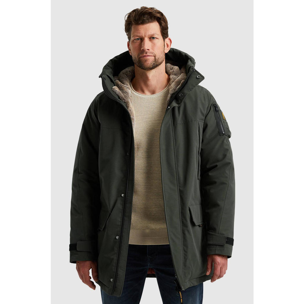 Donkergroene heren PME Legend winterjas van polyester met effen, lange mouwen, capuchon en rits- en drukknoopsluiting