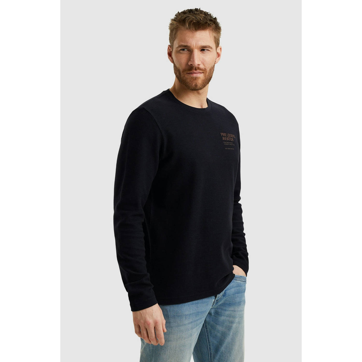 PME Legend fijngebreide longsleeve met logo donkerblauw