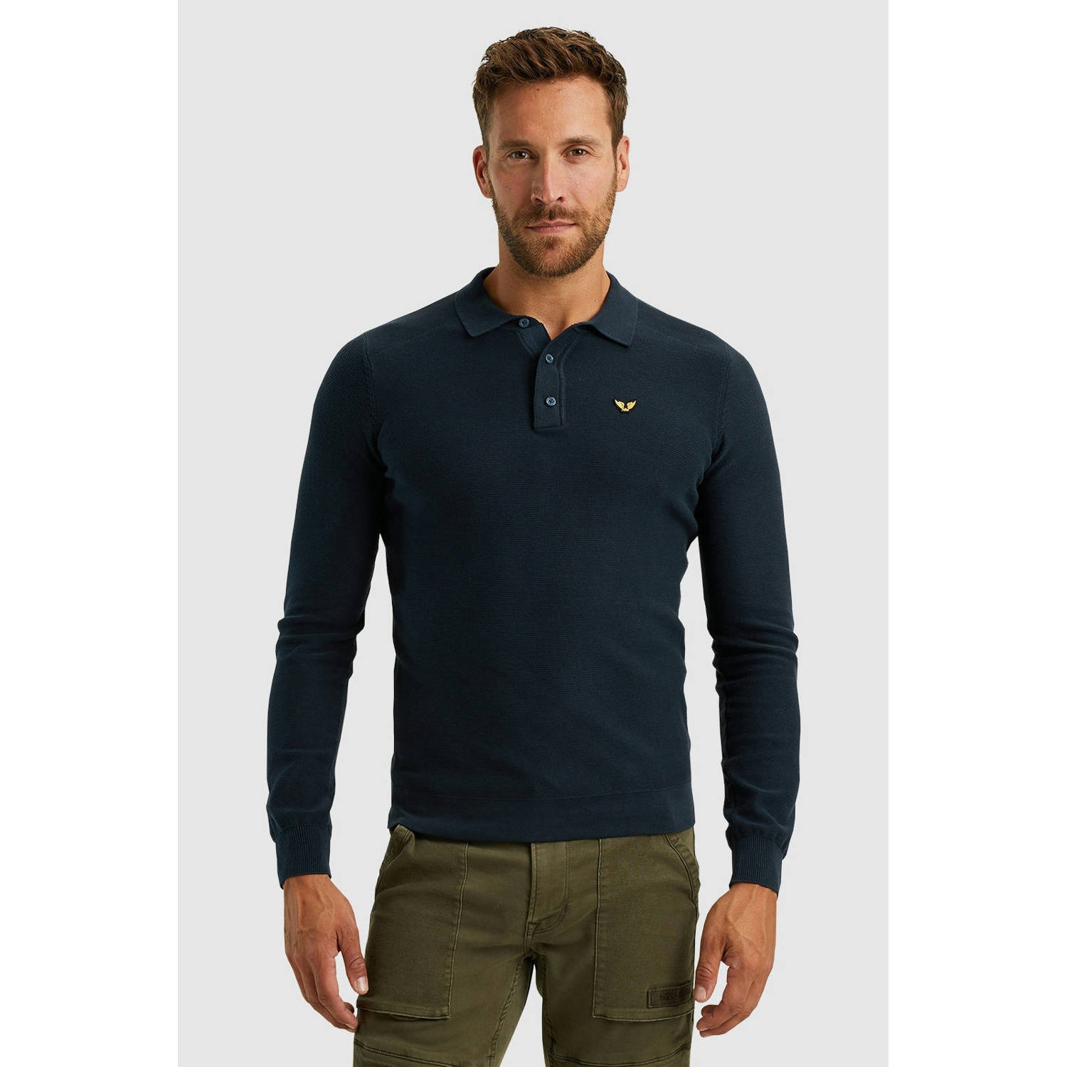 PME Legend fijngebreide regular fit polo met logo donkerblauw