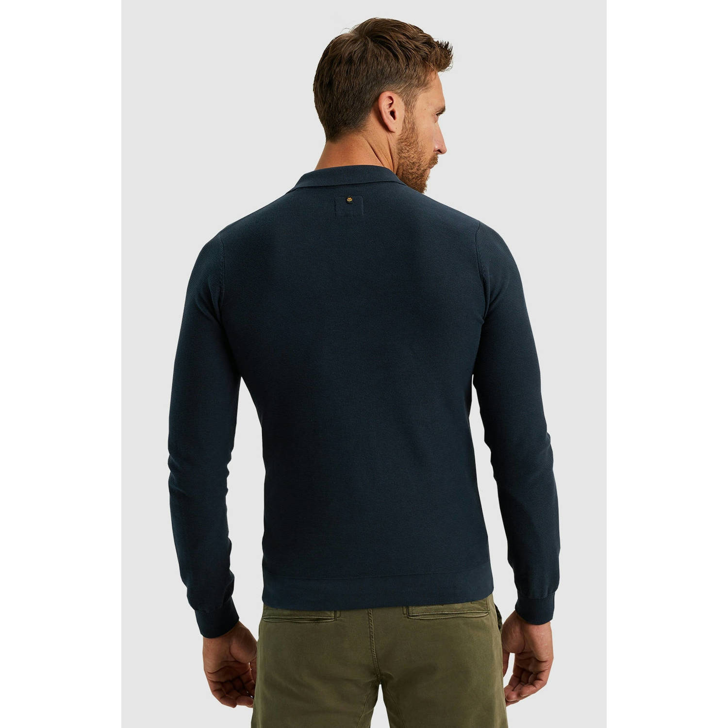 PME Legend fijngebreide regular fit polo met logo donkerblauw