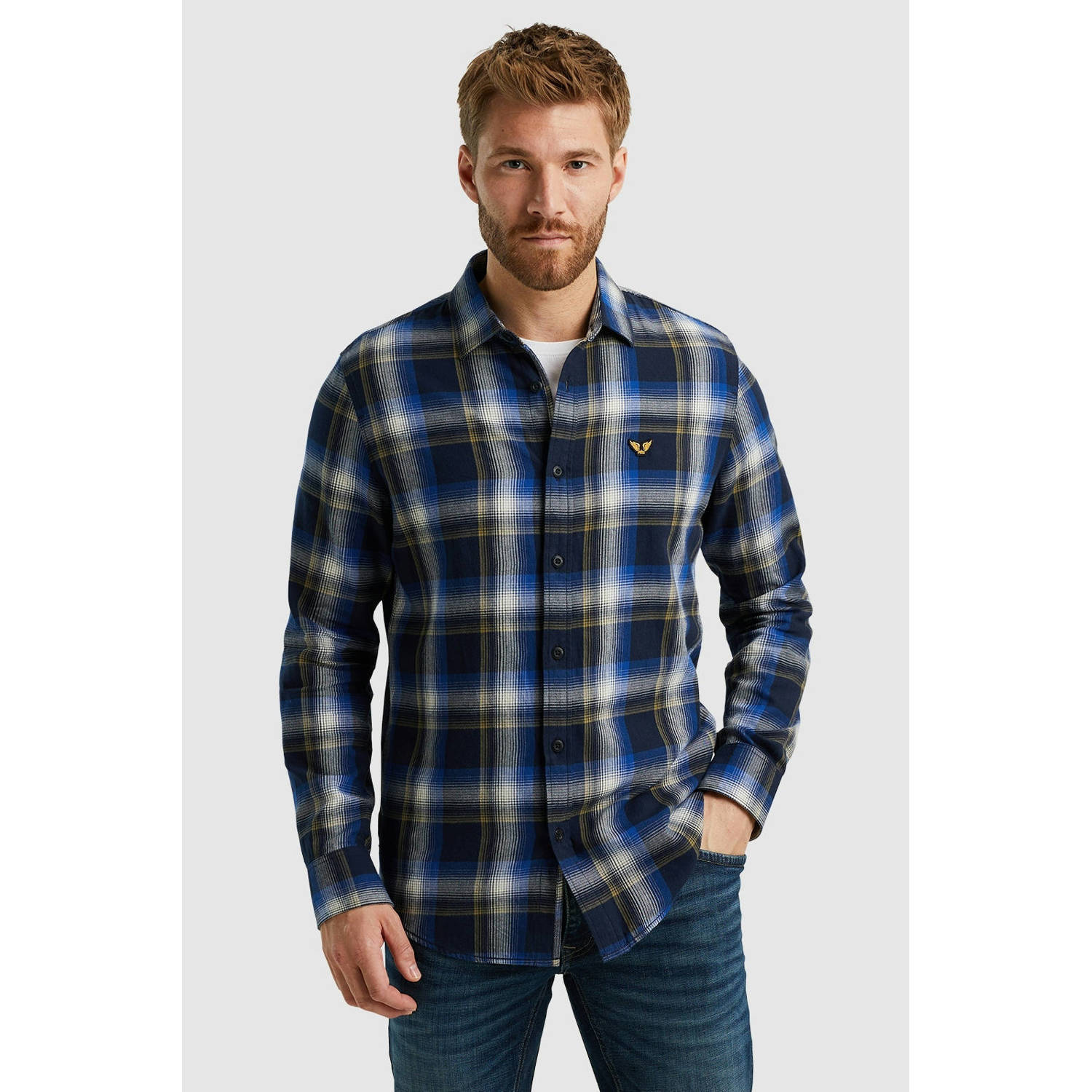 PME Legend geruit regular fit overhemd blauw