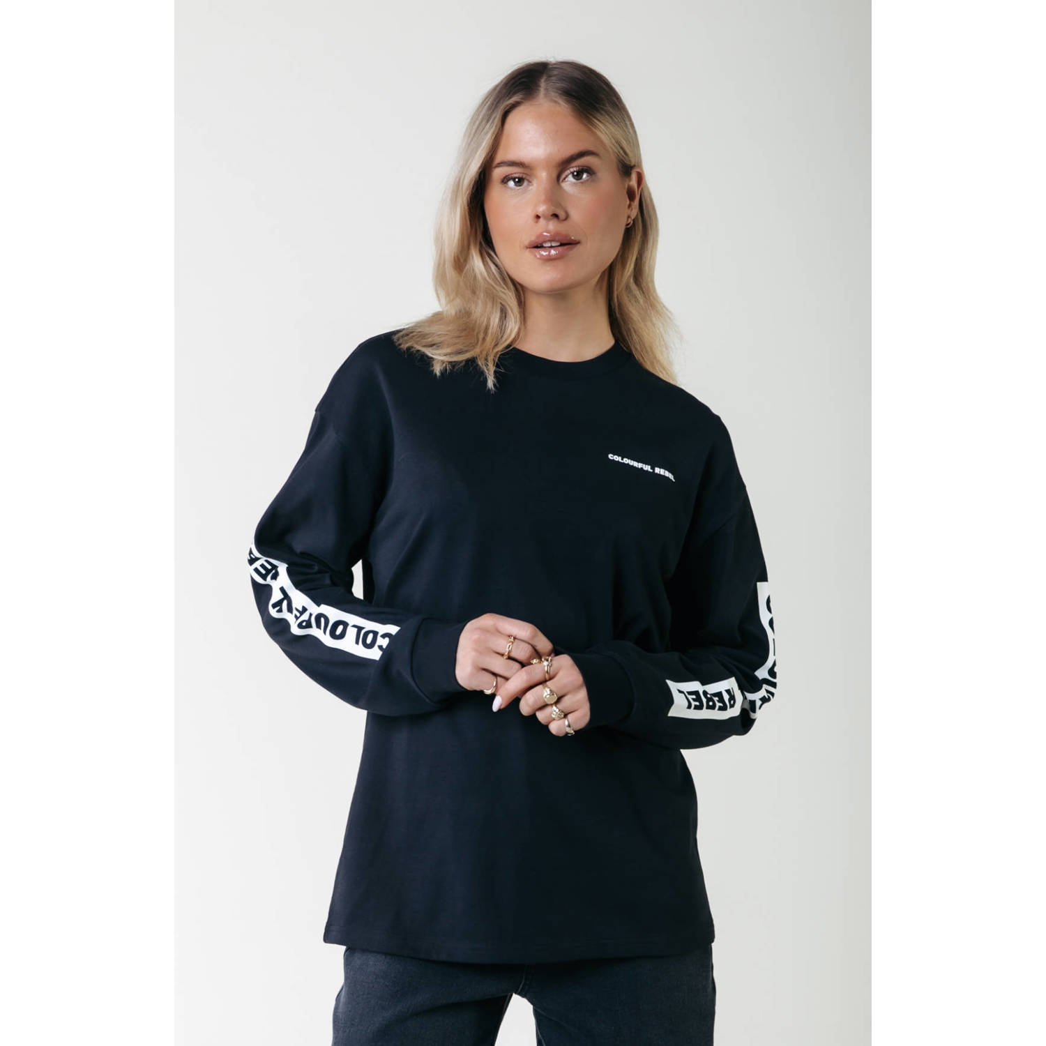 Colourful Rebel top World Tour Rose Longsleeve Tee Cuff met printopdruk zwart