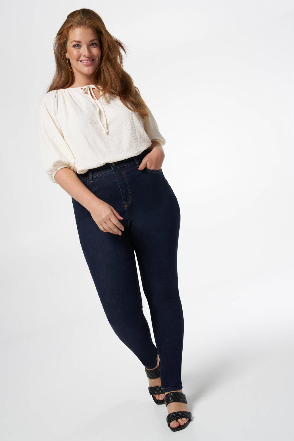 Dark blue denim dames MS Mode high waist skinny jeans dark blue van stretchdenim met knoopsluiting en effen