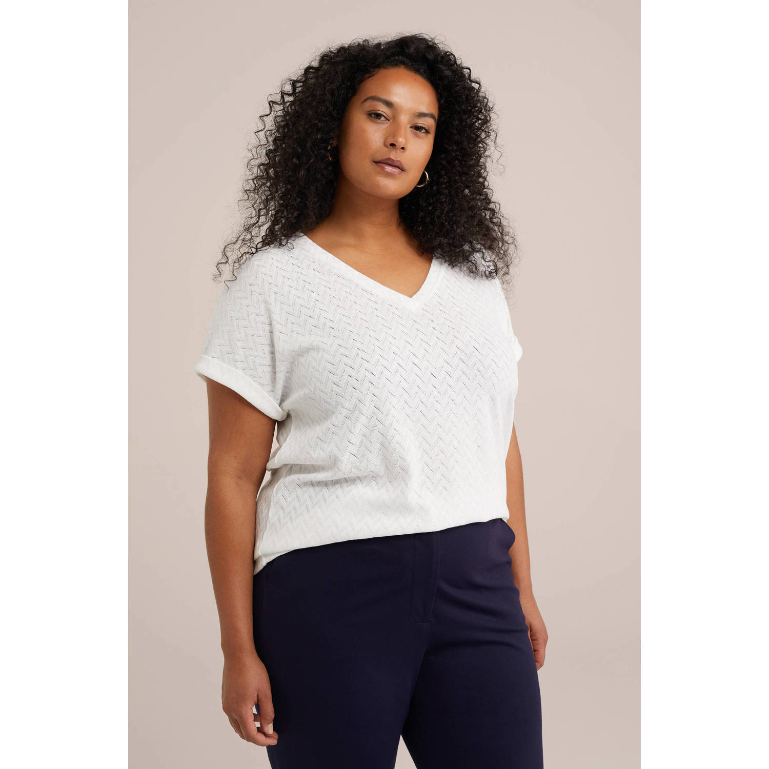 WE Fashion Curve top met ingebreid patroon wit