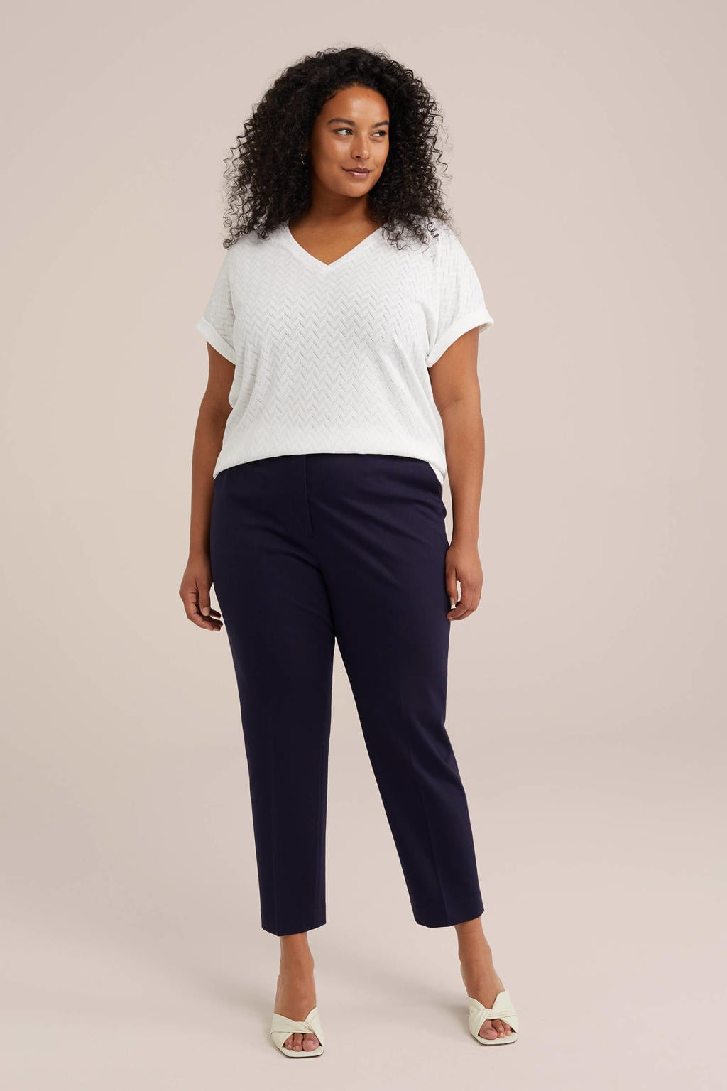 Witte dames WE Fashion top patroon van polyester met effen, korte mouwen en V-hals