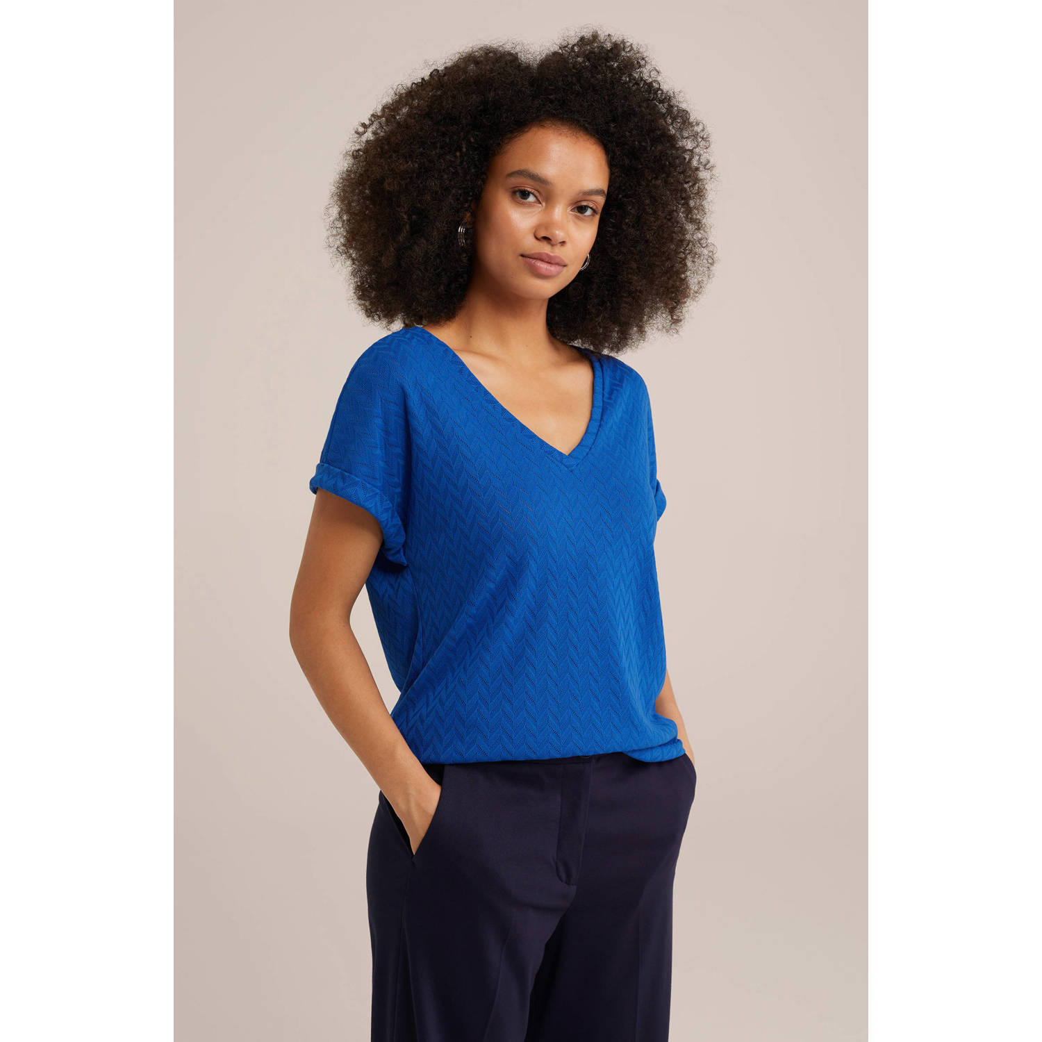 WE Fashion top met ingebreid patroon blauw