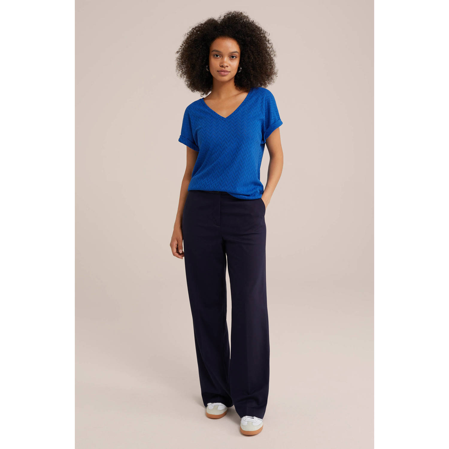 WE Fashion top met ingebreid patroon blauw