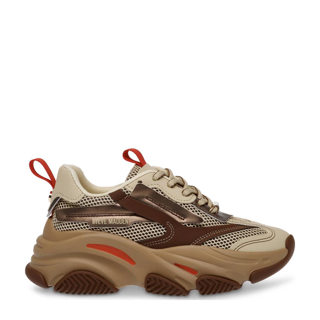 Beige en bruine dames Steve Madden Possession-E chunky sneakers van textiel met veters