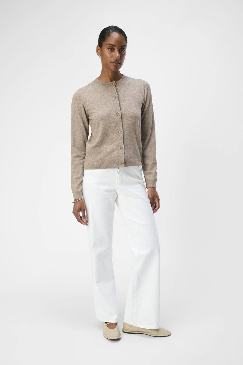 Taupe dames OBJECT gebreid vest van viscose met effen, lange mouwen, ronde hals en knoopsluiting