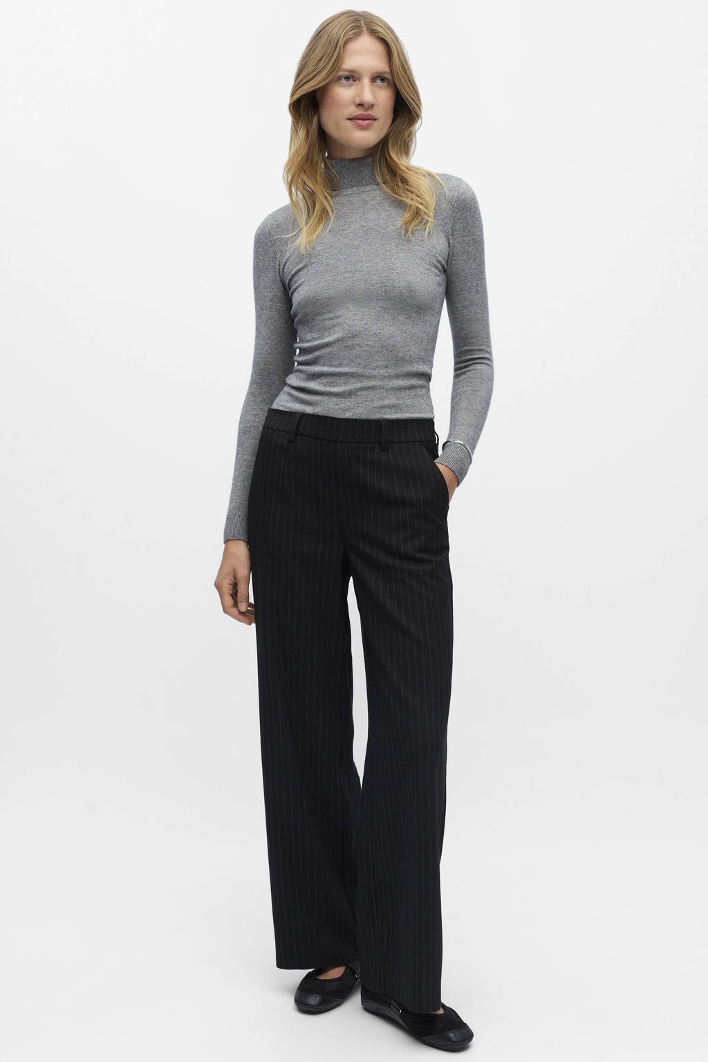 Zwart en grijze dames OBJECT wide leg pantalon met elastische inzet en krijtstreepprint